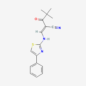 molecular formula C17H17N3OS B2423152 4,4-二甲基-3-氧代-2-[(4-苯基-1,3-噻唑-2-基)氨基]亚甲基戊腈 CAS No. 946387-41-3