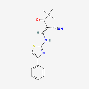 molecular formula C17H17N3OS B2423152 4,4-ジメチル-3-オキソ-2-{[(4-フェニル-1,3-チアゾール-2-イル)アミノ]メチリデン}ペンタンニトリル CAS No. 946387-41-3