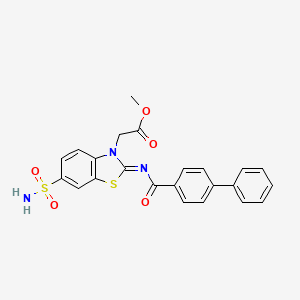 molecular formula C23H19N3O5S2 B2423248 Methyl 2-[2-(4-phenylbenzoyl)imino-6-sulfamoyl-1,3-benzothiazol-3-yl]acetate CAS No. 865198-60-3
