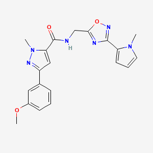 molecular formula C20H20N6O3 B2423349 3-(3-甲氧基苯基)-1-甲基-N-((3-(1-甲基-1H-吡咯-2-基)-1,2,4-噁二唑-5-基)甲基)-1H-吡唑-5-甲酰胺 CAS No. 2034548-61-1