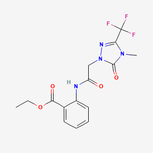 molecular formula C15H15F3N4O4 B2423350 ethyl 2-(2-(4-methyl-5-oxo-3-(trifluoromethyl)-4,5-dihydro-1H-1,2,4-triazol-1-yl)acetamido)benzoate CAS No. 1421484-30-1