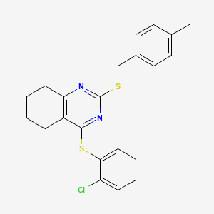 molecular formula C22H21ClN2S2 B2423415 4-(2-Chlorophenyl)sulfanyl-2-[(4-methylphenyl)methylsulfanyl]-5,6,7,8-tetrahydroquinazoline CAS No. 339018-81-4