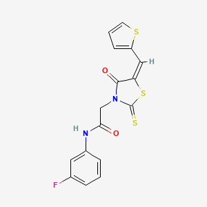 molecular formula C16H11FN2O2S3 B2423440 (E)-N-(3-fluorophenyl)-2-(4-oxo-5-(thiophen-2-ylmethylene)-2-thioxothiazolidin-3-yl)acetamide CAS No. 637318-22-0