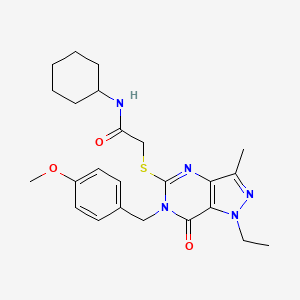 molecular formula C24H31N5O3S B2423467 N-cyclohexyl-2-({1-ethyl-6-[(4-methoxyphenyl)methyl]-3-methyl-7-oxo-1H,6H,7H-pyrazolo[4,3-d]pyrimidin-5-yl}sulfanyl)acetamide CAS No. 1359083-57-0
