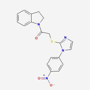 molecular formula C19H16N4O3S B2423486 1-(吲哚-1-基)-2-((1-(4-硝基苯基)-1H-咪唑-2-基)硫代)乙酮 CAS No. 851079-32-8