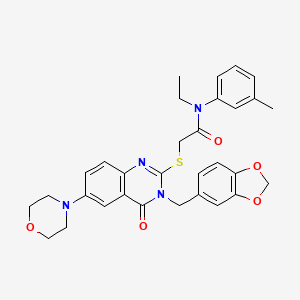 molecular formula C31H32N4O5S B2423496 2-[3-(1,3-benzodioxol-5-ylmethyl)-6-morpholin-4-yl-4-oxoquinazolin-2-yl]sulfanyl-N-ethyl-N-(3-methylphenyl)acetamide CAS No. 689772-59-6