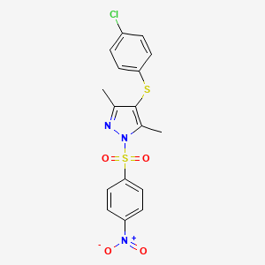 molecular formula C17H14ClN3O4S2 B2423593 4-((4-chlorophenyl)thio)-3,5-dimethyl-1-((4-nitrophenyl)sulfonyl)-1H-pyrazole CAS No. 394236-87-4