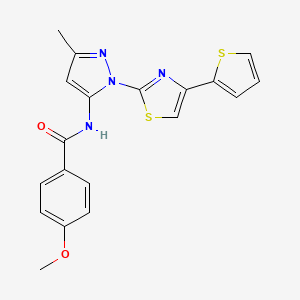 molecular formula C19H16N4O2S2 B2423633 4-methoxy-N-(3-methyl-1-(4-(thiophen-2-yl)thiazol-2-yl)-1H-pyrazol-5-yl)benzamide CAS No. 1172823-62-9
