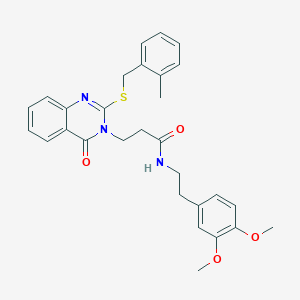 molecular formula C29H31N3O4S B2423659 N-(3,4-dimethoxyphenethyl)-3-(2-((2-methylbenzyl)thio)-4-oxoquinazolin-3(4H)-yl)propanamide CAS No. 422286-85-9