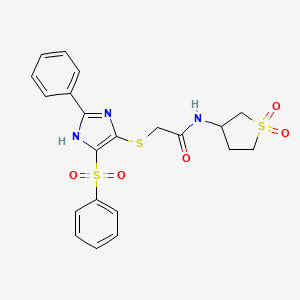 molecular formula C21H21N3O5S3 B2423662 N-(1,1-dioxidotetrahydrothiophen-3-yl)-2-{[2-phenyl-4-(phenylsulfonyl)-1H-imidazol-5-yl]sulfanyl}acetamide CAS No. 1021037-48-8