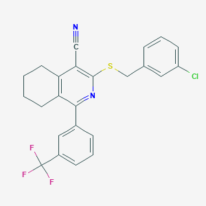 molecular formula C24H18ClF3N2S B2423686 3-[(3-Chlorobenzyl)sulfanyl]-1-[3-(trifluoromethyl)phenyl]-5,6,7,8-tetrahydro-4-isoquinolinecarbonitrile CAS No. 692287-38-0