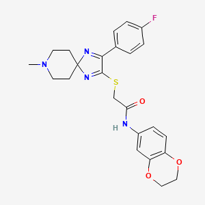molecular formula C24H25FN4O3S B2423750 N-(2,3-dihydrobenzo[b][1,4]dioxin-6-yl)-2-((3-(4-fluorophenyl)-8-methyl-1,4,8-triazaspiro[4.5]deca-1,3-dien-2-yl)thio)acetamide CAS No. 1216741-19-3