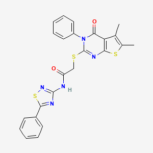 molecular formula C24H19N5O2S3 B2423776 2-(5,6-dimethyl-4-oxo-3-phenylthieno[2,3-d]pyrimidin-2-yl)sulfanyl-N-(5-phenyl-1,2,4-thiadiazol-3-yl)acetamide CAS No. 690960-33-9