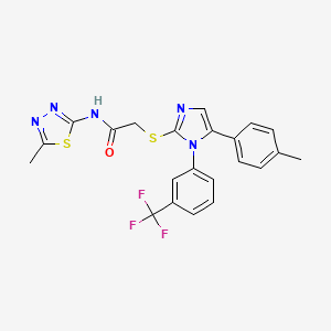 molecular formula C22H18F3N5OS2 B2423793 N-(5-methyl-1,3,4-thiadiazol-2-yl)-2-((5-(p-tolyl)-1-(3-(trifluoromethyl)phenyl)-1H-imidazol-2-yl)thio)acetamide CAS No. 1226435-92-2