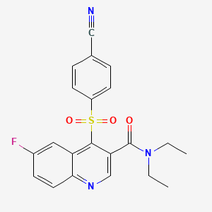 molecular formula C21H18FN3O3S B2423892 4-((4-cyanophenyl)sulfonyl)-N,N-diethyl-6-fluoroquinoline-3-carboxamide CAS No. 1112296-21-5