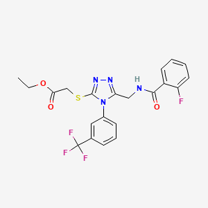 molecular formula C21H18F4N4O3S B2424006 ethyl 2-((5-((2-fluorobenzamido)methyl)-4-(3-(trifluoromethyl)phenyl)-4H-1,2,4-triazol-3-yl)thio)acetate CAS No. 689747-89-5