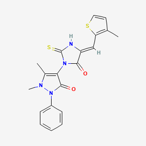 molecular formula C20H18N4O2S2 B2424109 1,5-dimethyl-4-[(4Z)-4-[(3-methylthiophen-2-yl)methylidene]-5-oxo-2-sulfanylideneimidazolidin-1-yl]-2-phenylpyrazol-3-one CAS No. 722466-42-4