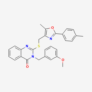 molecular formula C28H25N3O3S B2424150 3-(3-methoxybenzyl)-2-(((5-methyl-2-(p-tolyl)oxazol-4-yl)methyl)thio)quinazolin-4(3H)-one CAS No. 1114827-74-5