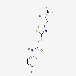 molecular formula C14H14FN3O2S2 B2424196 N-(4-氟苯基)-2-((4-(2-(甲基氨基)-2-氧代乙基)噻唑-2-基)硫)乙酰胺 CAS No. 941980-81-0