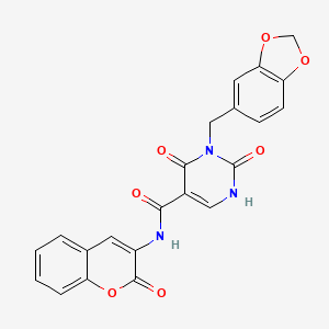 molecular formula C22H15N3O7 B2424281 3-(benzo[d][1,3]dioxol-5-ylmethyl)-2,4-dioxo-N-(2-oxo-2H-chromen-3-yl)-1,2,3,4-tetrahydropyrimidine-5-carboxamide CAS No. 1448051-60-2