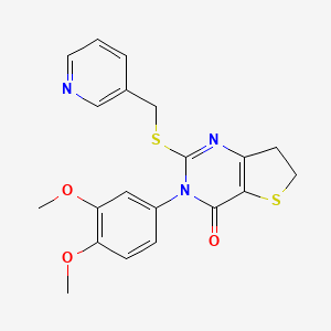 molecular formula C20H19N3O3S2 B2424345 3-(3,4-Dimethoxyphenyl)-2-(3-pyridylmethylthio)-6,7-dihydrothieno[3,2-d]pyrimidin-4-one CAS No. 887453-25-0