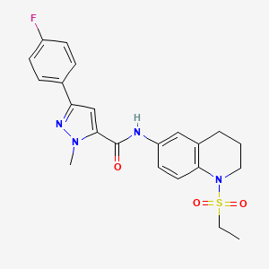 molecular formula C22H23FN4O3S B2424380 N-(1-(ethylsulfonyl)-1,2,3,4-tetrahydroquinolin-6-yl)-3-(4-fluorophenyl)-1-methyl-1H-pyrazole-5-carboxamide CAS No. 1396867-77-8