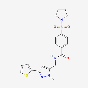 molecular formula C20H22N4O3S2 B2424381 N-[(2-Methyl-5-thiophen-2-ylpyrazol-3-yl)methyl]-4-pyrrolidin-1-ylsulfonylbenzamide CAS No. 2309187-06-0