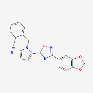 molecular formula C21H14N4O3 B2424565 2-((2-(3-(benzo[d][1,3]dioxol-5-yl)-1,2,4-oxadiazol-5-yl)-1H-pyrrol-1-yl)methyl)benzonitrile CAS No. 1428372-43-3