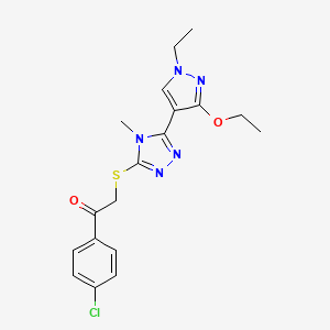 molecular formula C18H20ClN5O2S B2424698 1-(4-chlorophenyl)-2-((5-(3-ethoxy-1-ethyl-1H-pyrazol-4-yl)-4-methyl-4H-1,2,4-triazol-3-yl)thio)ethanone CAS No. 1013778-12-5