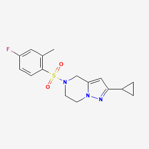 molecular formula C16H18FN3O2S B2424755 2-Cyclopropyl-5-((4-fluoro-2-methylphenyl)sulfonyl)-4,5,6,7-tetrahydropyrazolo[1,5-a]pyrazine CAS No. 2034294-86-3