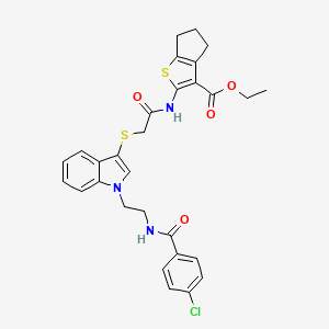molecular formula C29H28ClN3O4S2 B2424770 ethyl 2-[[2-[1-[2-[(4-chlorobenzoyl)amino]ethyl]indol-3-yl]sulfanylacetyl]amino]-5,6-dihydro-4H-cyclopenta[b]thiophene-3-carboxylate CAS No. 532972-64-8