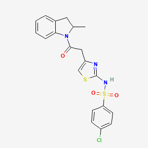 molecular formula C20H18ClN3O3S2 B2424863 4-氯-N-(4-(2-(2-甲基吲哚啉-1-基)-2-氧代乙基)噻唑-2-基)苯磺酰胺 CAS No. 922046-28-4