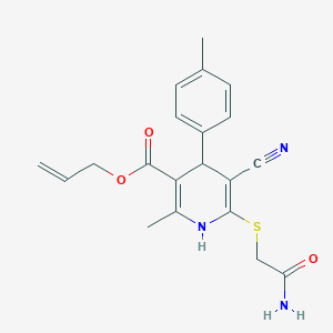 molecular formula C20H21N3O3S B2424925 6-Carbamoylmethylsulfanyl-5-cyano-2-methyl-4-p-tolyl-1,4-dihydro-pyridine-3-carboxylic acid allyl ester CAS No. 442556-34-5