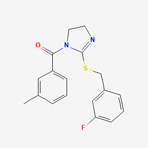 molecular formula C18H17FN2OS B2424942 (2-((3-fluorobenzyl)thio)-4,5-dihydro-1H-imidazol-1-yl)(m-tolyl)methanone CAS No. 851864-78-3