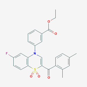 molecular formula C26H22FNO5S B2424949 ethyl 3-[2-(2,4-dimethylbenzoyl)-6-fluoro-1,1-dioxido-4H-1,4-benzothiazin-4-yl]benzoate CAS No. 1114872-44-4