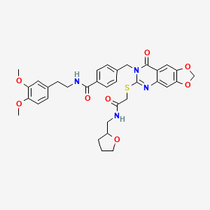 molecular formula C34H36N4O8S B2425020 N-(3,4-dimethoxyphenethyl)-4-((8-oxo-6-((2-oxo-2-(((tetrahydrofuran-2-yl)methyl)amino)ethyl)thio)-[1,3]dioxolo[4,5-g]quinazolin-7(8H)-yl)methyl)benzamide CAS No. 688062-38-6