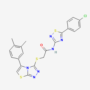 molecular formula C22H17ClN6OS3 B2425035 N-(5-(4-chlorophenyl)-1,2,4-thiadiazol-3-yl)-2-((5-(3,4-dimethylphenyl)thiazolo[2,3-c][1,2,4]triazol-3-yl)thio)acetamide CAS No. 690645-49-9