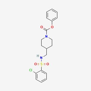 molecular formula C19H21ClN2O4S B2425104 苯甲酸4-((2-氯苯磺酰胺)甲基)哌啶-1-甲酯 CAS No. 1235629-41-0