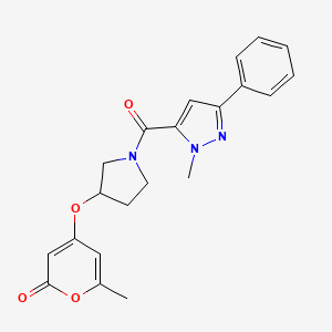 molecular formula C21H21N3O4 B2425267 6-methyl-4-((1-(1-methyl-3-phenyl-1H-pyrazole-5-carbonyl)pyrrolidin-3-yl)oxy)-2H-pyran-2-one CAS No. 1705333-55-6