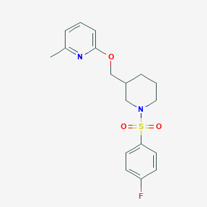molecular formula C18H21FN2O3S B2425286 2-[[1-(4-Fluorophenyl)sulfonylpiperidin-3-yl]methoxy]-6-methylpyridine CAS No. 2379996-01-5