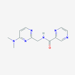 molecular formula C12H14N6O B2425399 N-((4-(二甲氨基)嘧啶-2-基)甲基)吡嗪-2-甲酰胺 CAS No. 1797329-86-2
