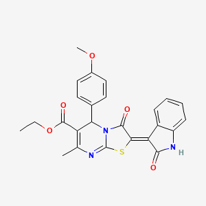 molecular formula C25H21N3O5S B2425484 (Z)-5-(4-甲氧基苯基)-7-甲基-3-氧代-2-(2-氧代吲哚啉-3-亚甲基)-3,5-二氢-2H-噻唑并[3,2-a]嘧啶-6-羧酸乙酯 CAS No. 321689-42-3