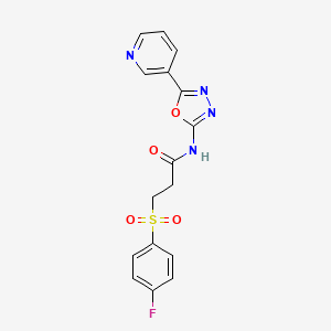 molecular formula C16H13FN4O4S B2425497 3-((4-氟苯基)磺酰)-N-(5-(吡啶-3-基)-1,3,4-噁二唑-2-基)丙酰胺 CAS No. 923179-93-5
