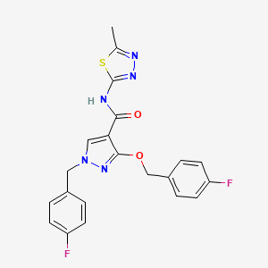 molecular formula C21H17F2N5O2S B2425589 1-(4-fluorobenzyl)-3-((4-fluorobenzyl)oxy)-N-(5-methyl-1,3,4-thiadiazol-2-yl)-1H-pyrazole-4-carboxamide CAS No. 1014068-56-4