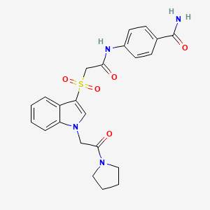 molecular formula C23H24N4O5S B2425608 4-(2-((1-(2-oxo-2-(pyrrolidin-1-yl)ethyl)-1H-indol-3-yl)sulfonyl)acetamido)benzamide CAS No. 878057-49-9