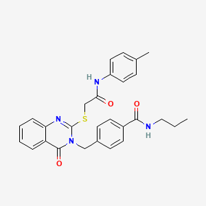 molecular formula C28H28N4O3S B2425737 4-((4-oxo-2-((2-oxo-2-(p-tolylamino)ethyl)thio)quinazolin-3(4H)-yl)methyl)-N-propylbenzamide CAS No. 1115360-07-0