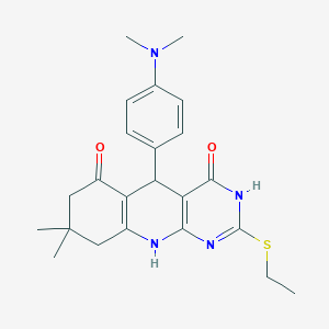 molecular formula C23H28N4O2S B2425764 5-(4-(dimethylamino)phenyl)-2-(ethylthio)-8,8-dimethyl-7,8,9,10-tetrahydropyrimido[4,5-b]quinoline-4,6(3H,5H)-dione CAS No. 537044-40-9