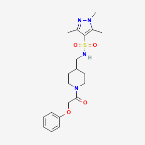 molecular formula C20H28N4O4S B2425768 1,3,5-trimethyl-N-((1-(2-phenoxyacetyl)piperidin-4-yl)methyl)-1H-pyrazole-4-sulfonamide CAS No. 1428372-78-4