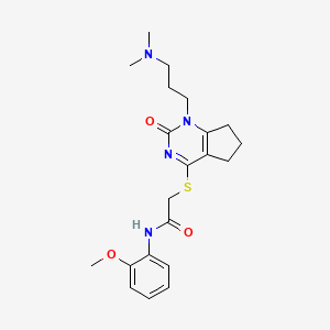 molecular formula C21H28N4O3S B2425801 2-((1-(3-(dimethylamino)propyl)-2-oxo-2,5,6,7-tetrahydro-1H-cyclopenta[d]pyrimidin-4-yl)thio)-N-(2-methoxyphenyl)acetamide CAS No. 898434-22-5