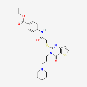 molecular formula C25H30N4O4S2 B2425830 Ethyl 4-(2-((4-oxo-3-(3-(piperidin-1-yl)propyl)-3,4-dihydrothieno[3,2-d]pyrimidin-2-yl)thio)acetamido)benzoate CAS No. 1798672-03-3